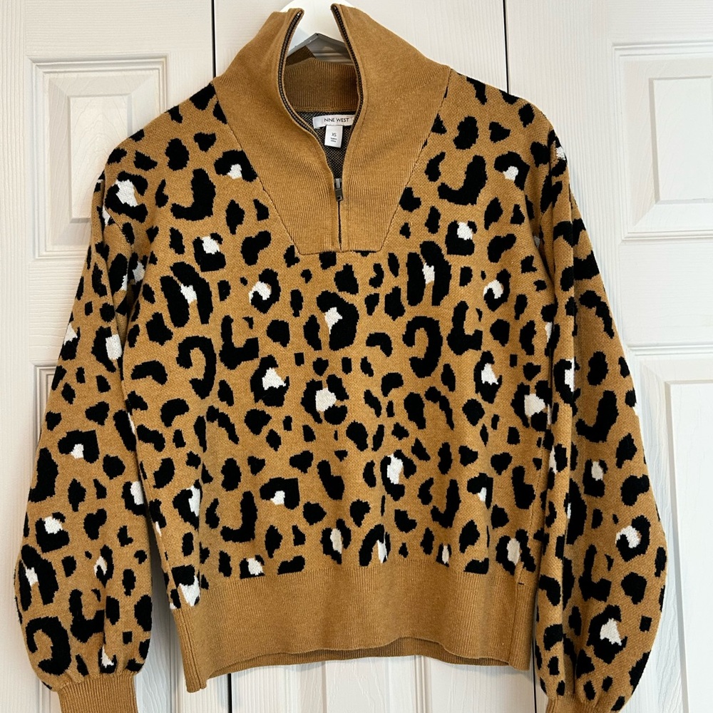 Nine West Brown Leopard Print Crew Neck Sweater 1/3 Zip Bell Sleeve Sz Xsmall